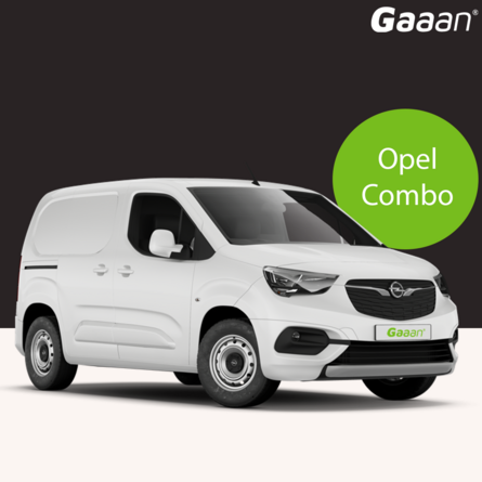 Witte Opel Combo elektrische bedrijfswagen, via ons te leasen, met groene cirkel waarin 'Opel Combo' staat.